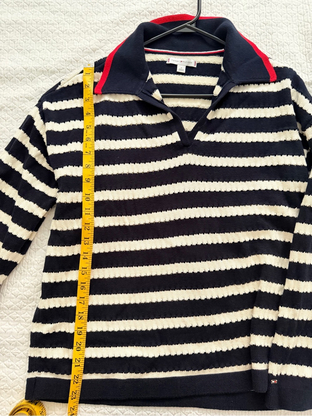 Tommy Striped Navy and White Polo Sweater with Red-Trim Collar Size M - Picture 9 of 10